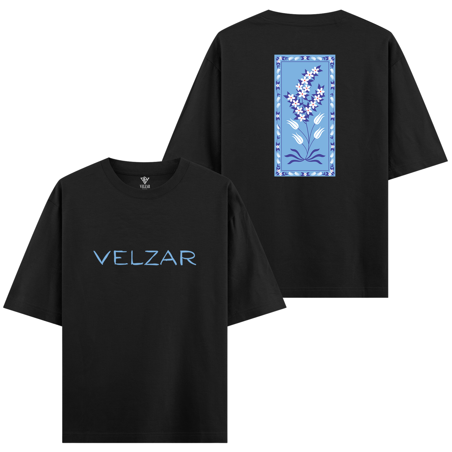 Black t-shirt with 'VELZAR' logo on front and floral design on back