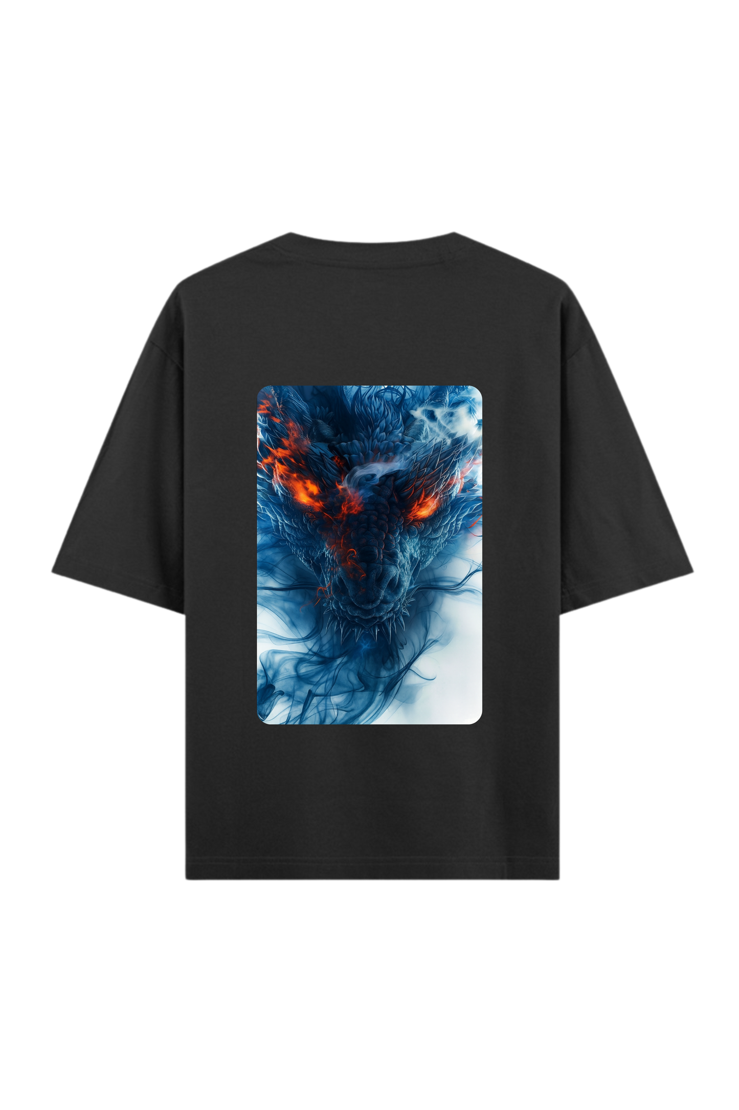 Black t-shirt with a colorful dragon design on the back against a white background