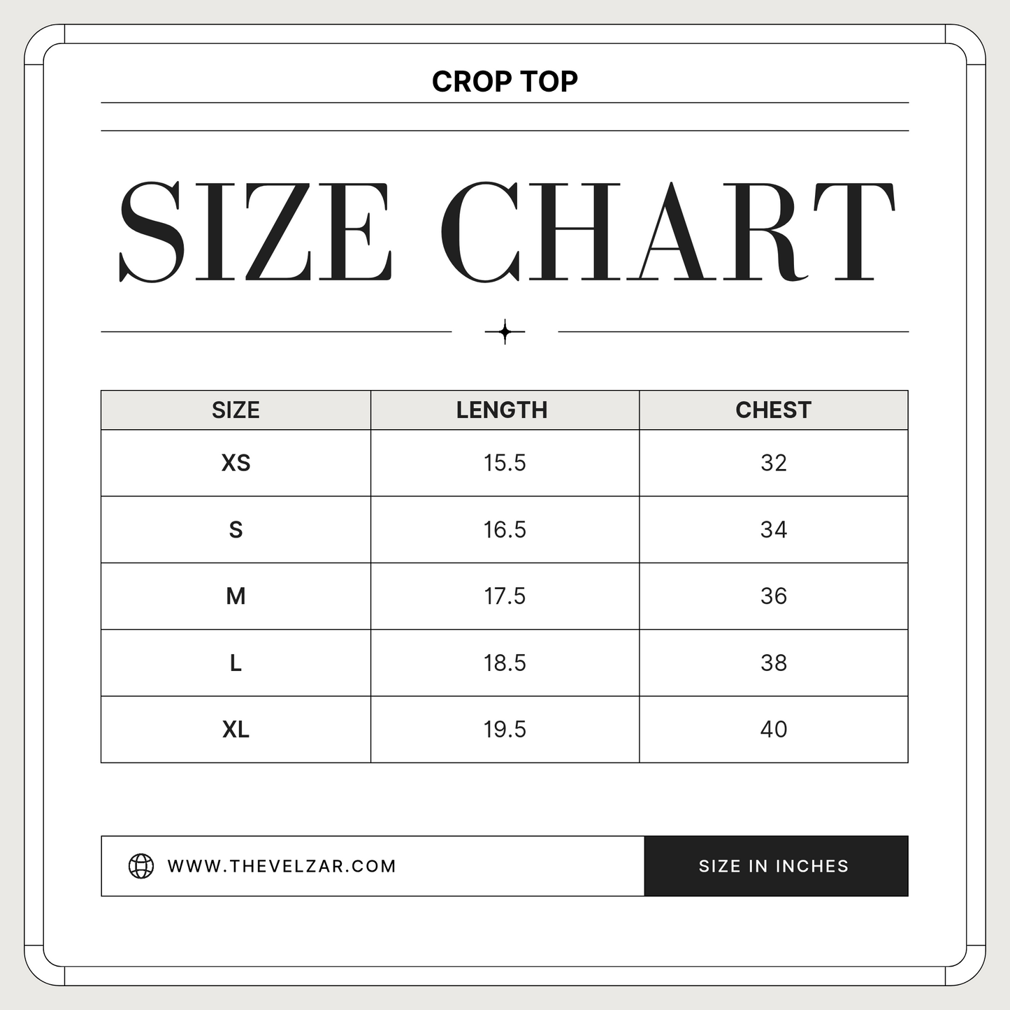 Size chart for crop tops with measurements in inches