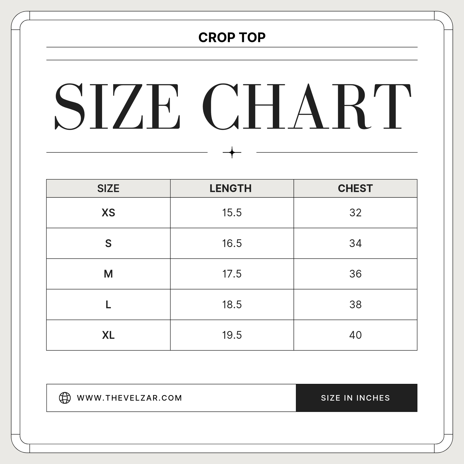 Size chart for crop tops with measurements in inches