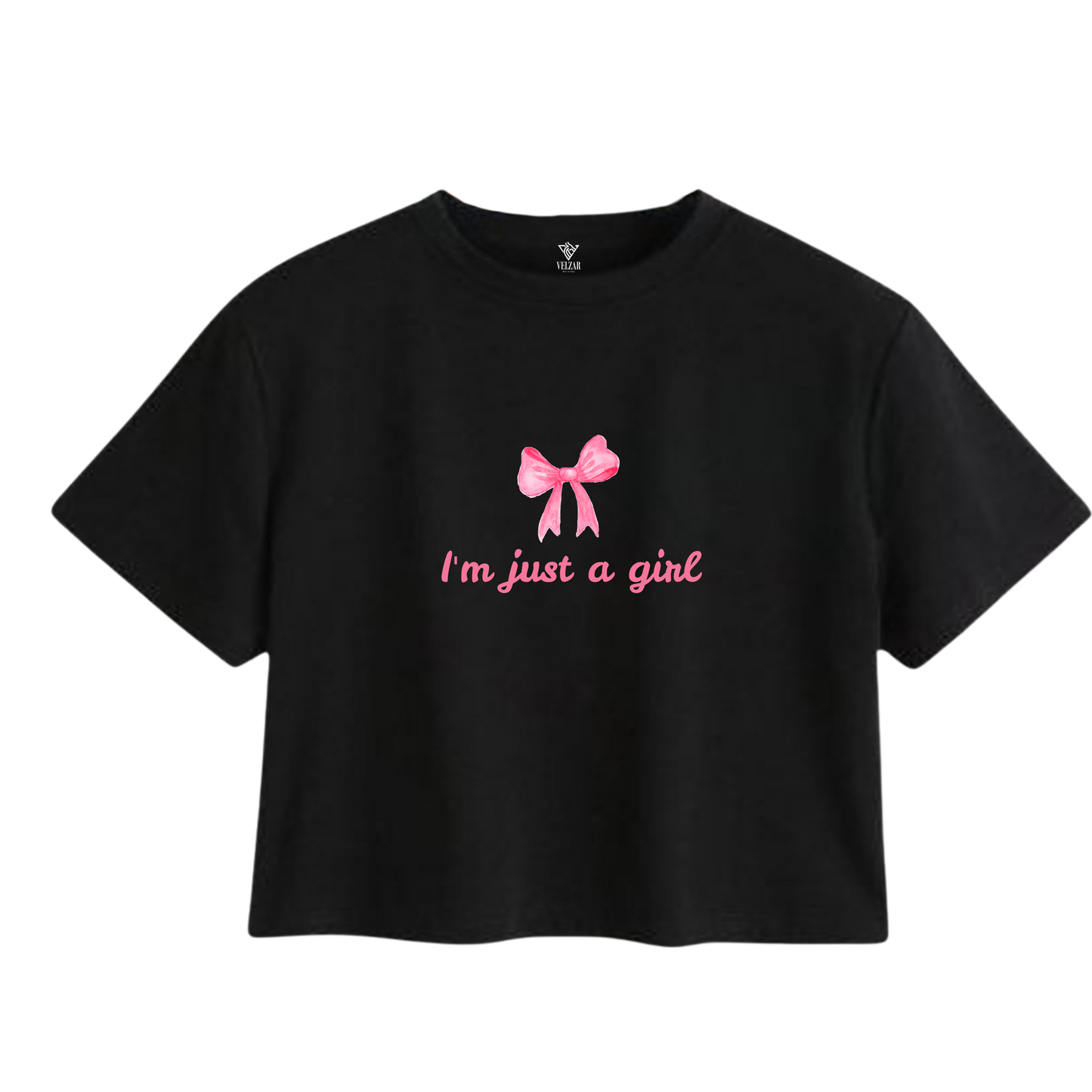 Black t-shirt with pink bow and text on a white background