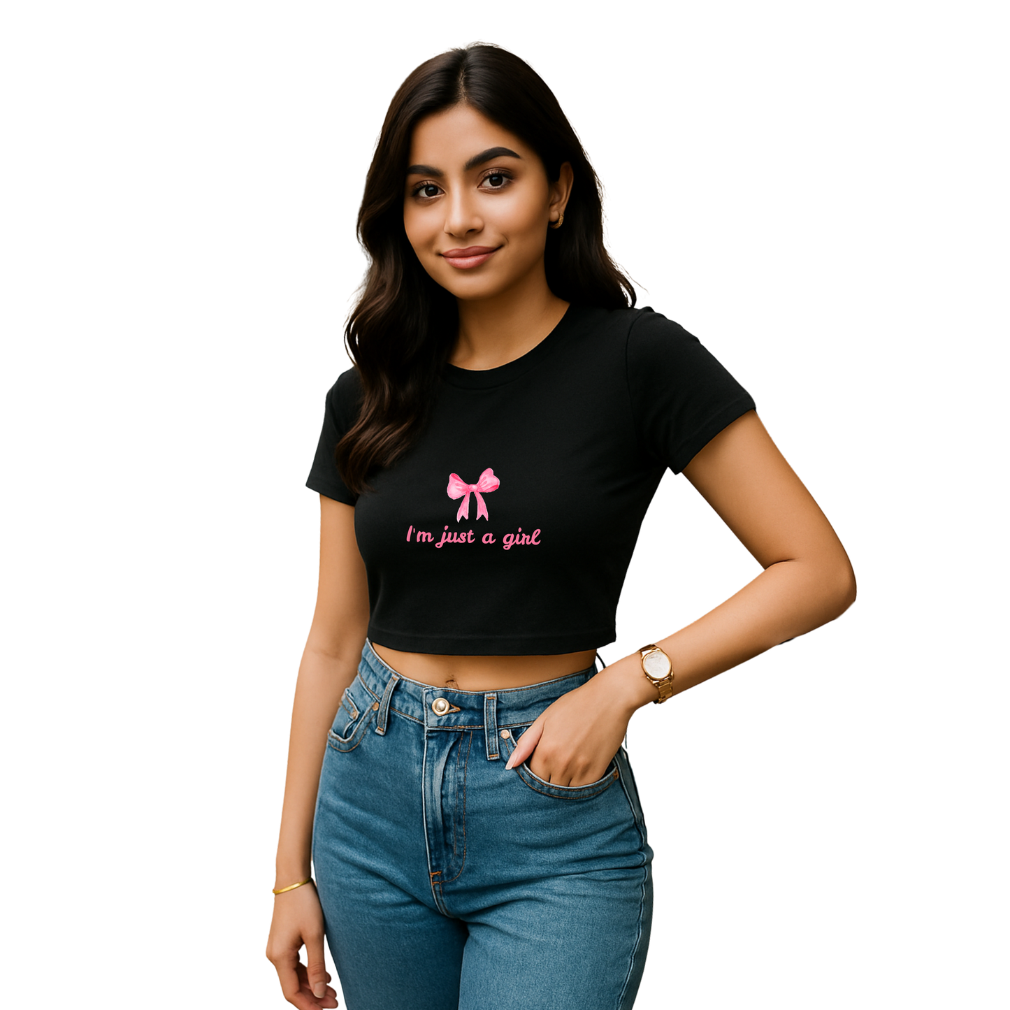 Woman wearing a black t-shirt with a pink bow and text, standing against a white background