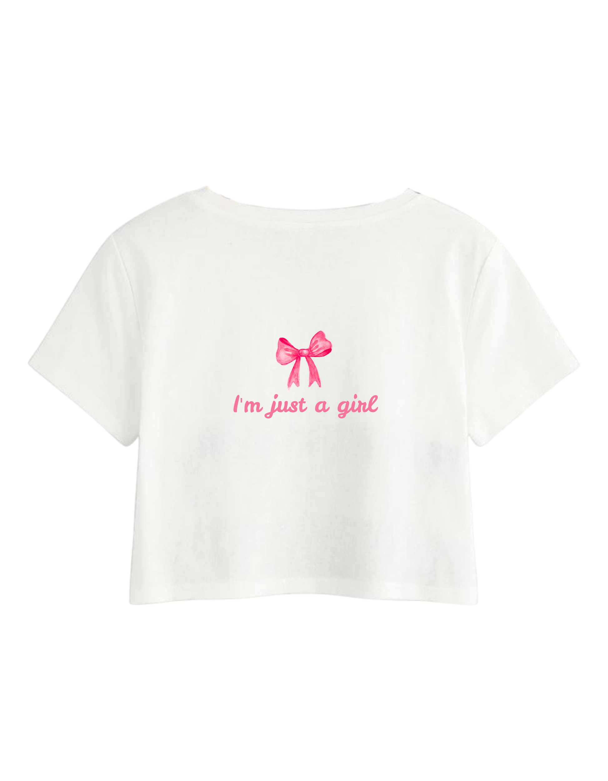 White t-shirt with pink bow and text on a white background