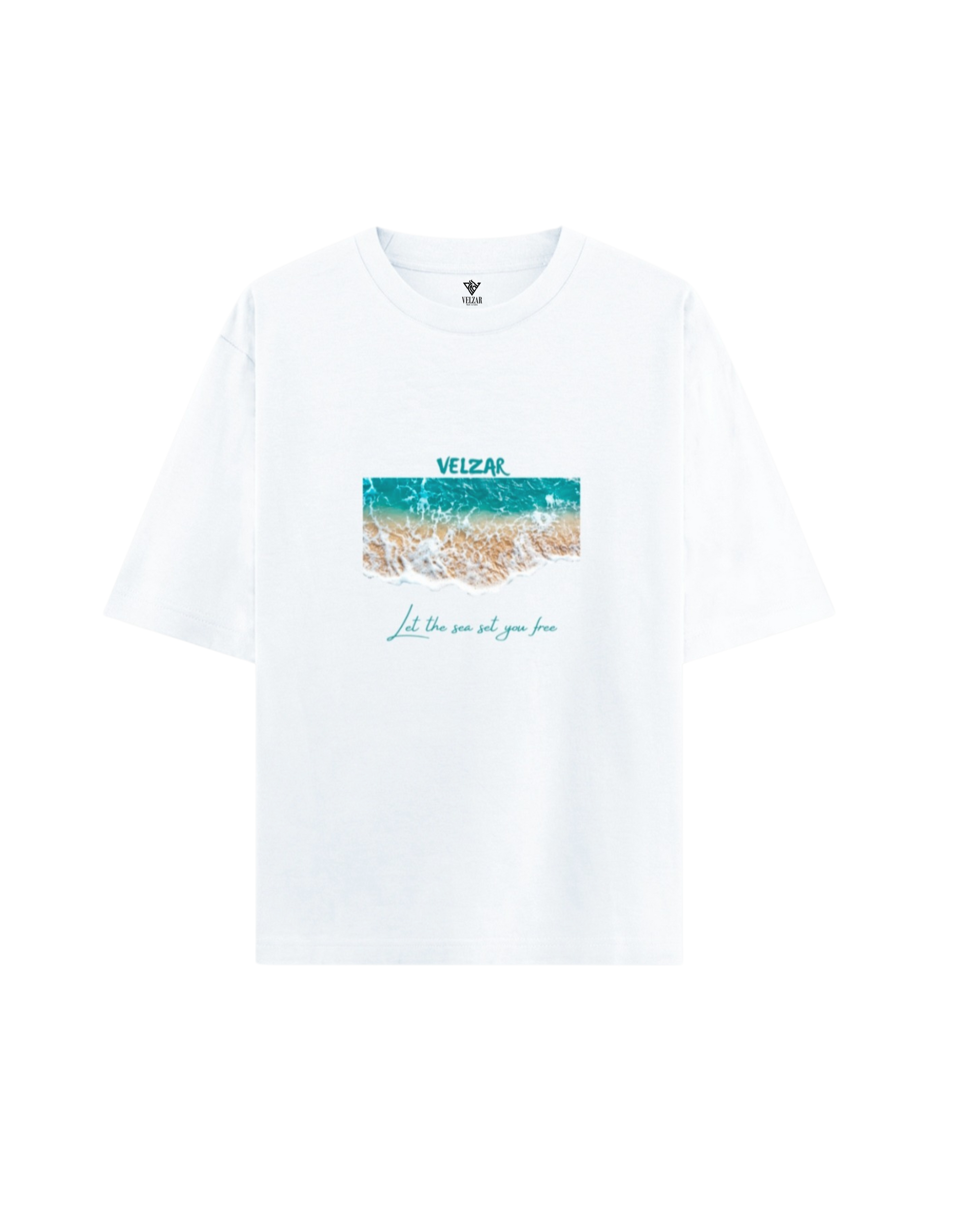 White t-shirt with a graphic design on a white background