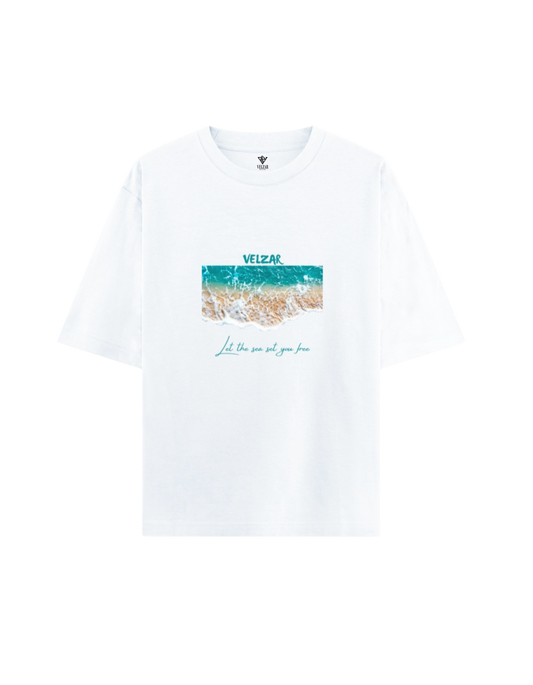 White t-shirt with a graphic design on a white background