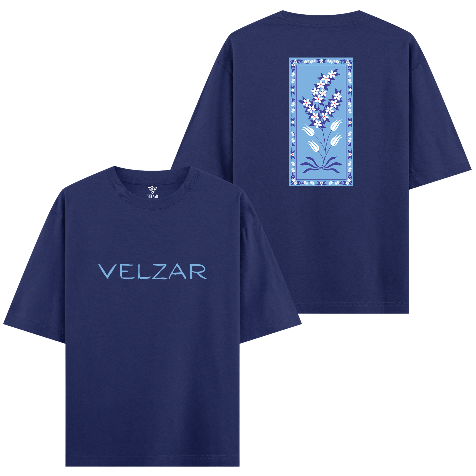 Royal blue t-shirt with 'VELZAR' branding on the front and floral design on the back.
