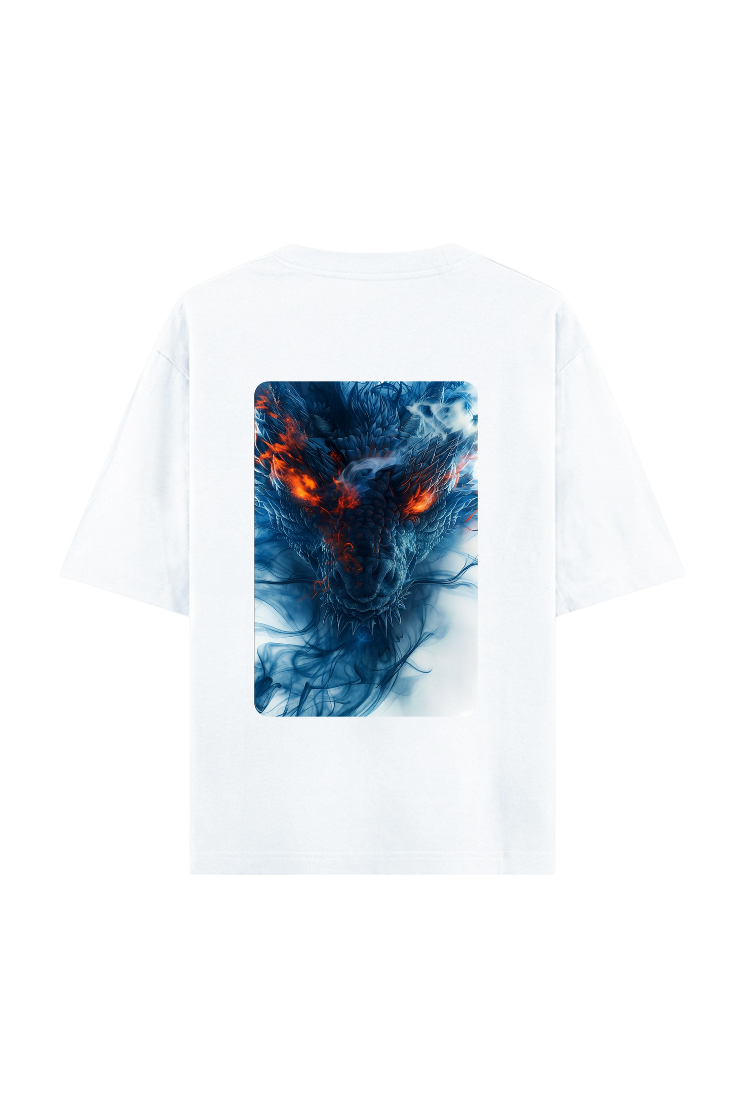 T-shirt with a graphic design of blue and orange abstract pattern on a white background