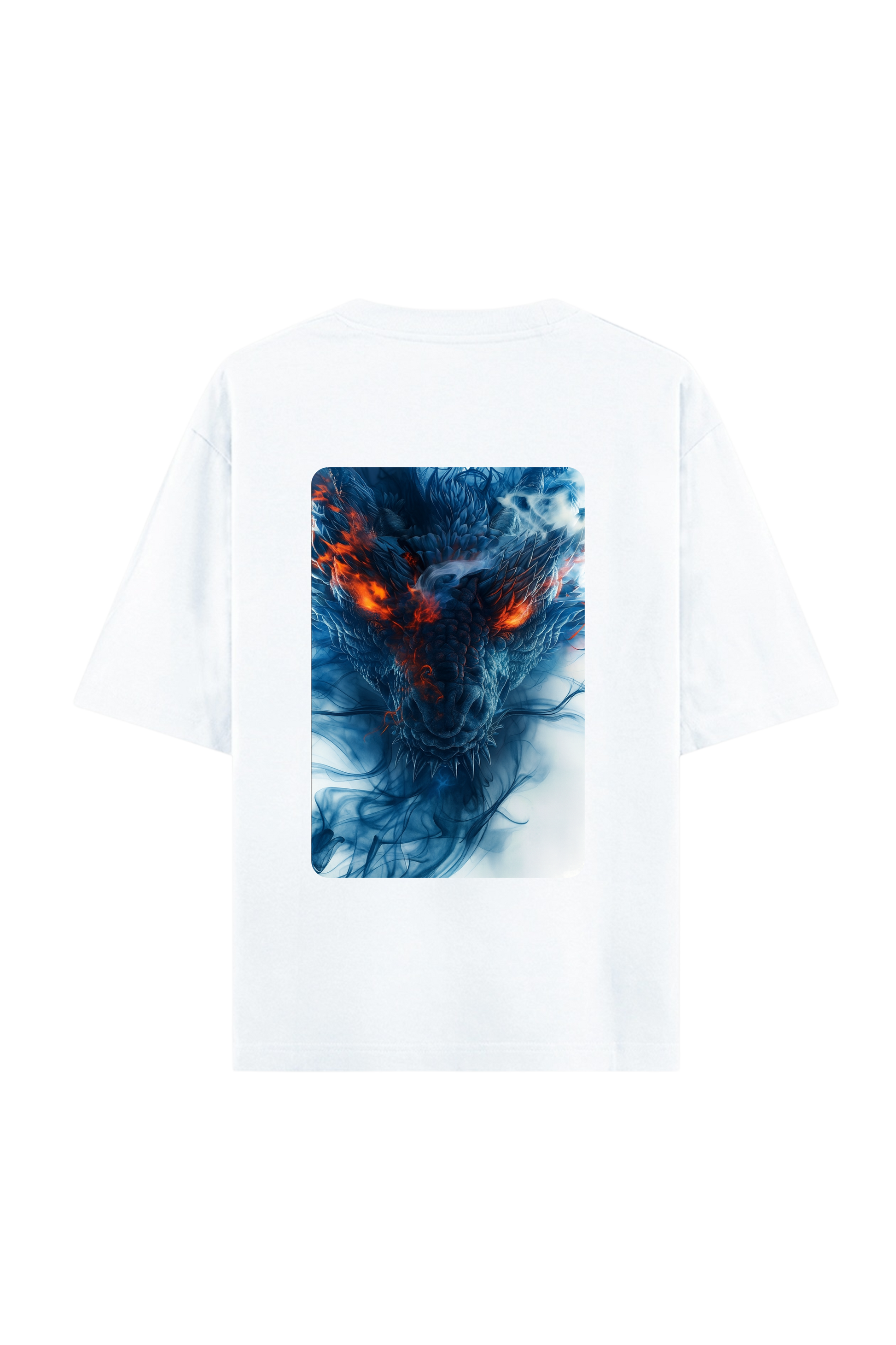 T-shirt with a graphic design of blue and orange abstract pattern on a white background