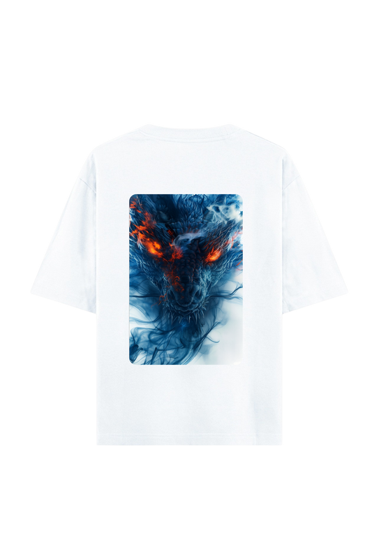 T-shirt with a graphic design of blue and orange abstract pattern on a white background