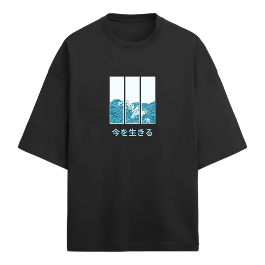 Black oversized t-shirt with wave design and text on a white background