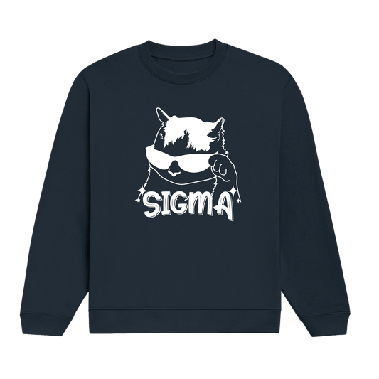 Navy Blue sweatshirt with white graphic design and 'SIGMA' text on a white cat