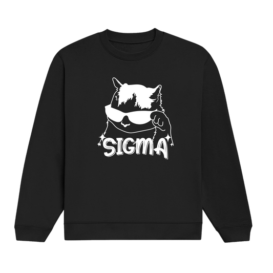 Black sweatshirt with white graphic design and 'SIGMA' text on a white cat