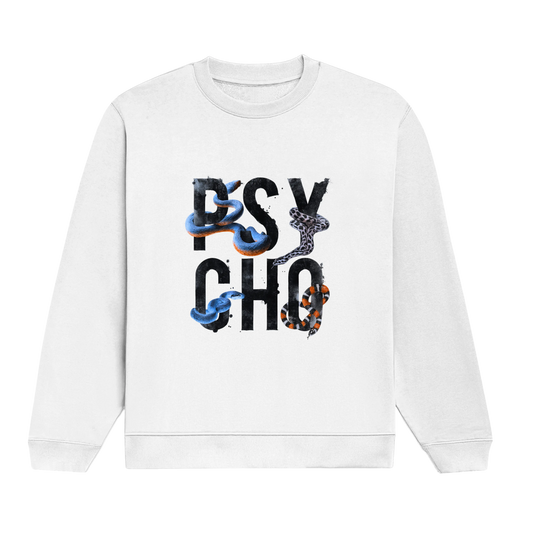 White sweatshirt with colorful 'PSYCHO' text with snake design.
