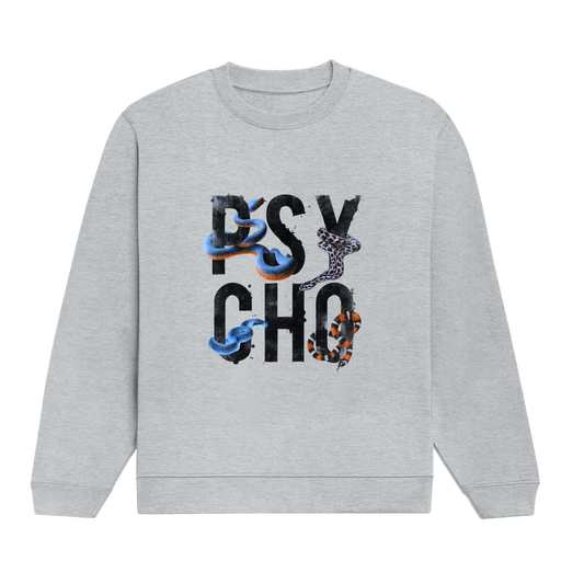 Gray sweatshirt with colorful 'PSYCHO' text with snake design