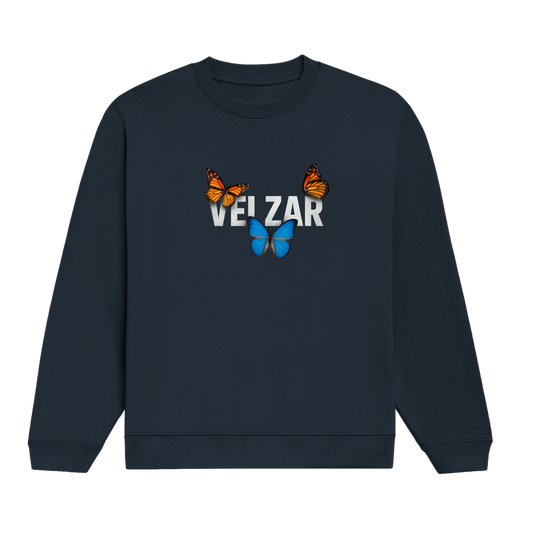 Navy blue sweatshirt with 'VELZAR' and butterfly graphics.
