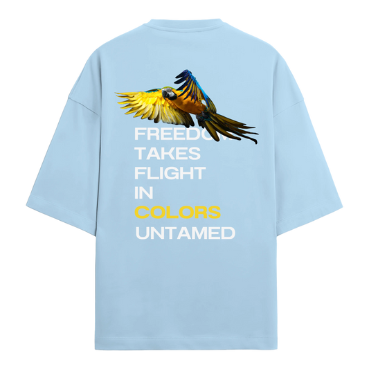 Baby blue oversized t-shirt with a parrot illustration and motivational text on the back